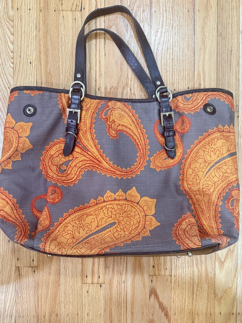 Brown Tote Bag with Orange Paisley Print and Buckle Straps